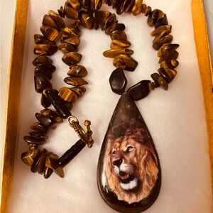 Hand Made Lion Pendant Necklace with Tigers Eye Beads